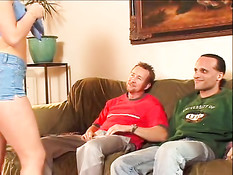 Sexy blond chick boned by two guys