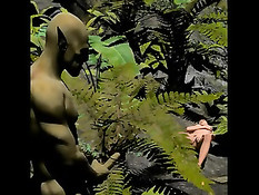 Девка из 3D мульта мастурбирует в джунглях, а монстр дрочит на неё