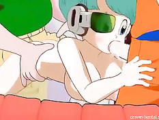 Два парня с двух сторон оттрахали сисястую детку в DBZ хентай порно