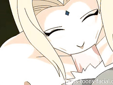 Обнажённая сисястая Tsunade отсасывает член и занимается сексом