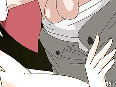 Обнажённая сисястая Tsunade отсасывает член и занимается сексом