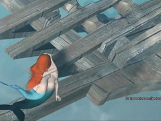Рыжая 3D русалочка на глубине занимается любовью с любовником