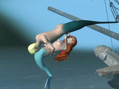 Рыжая 3D русалочка на глубине занимается любовью с любовником
