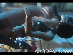 3D дама в латексном белье и маске трахает страпоном свою подругу