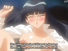 Хентай девушка с тёмными волосами прыгает на возбуждённом члене
