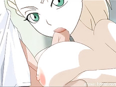 Аниме блондинка пристаёт к парню и дрочит хуй большими сиськами
