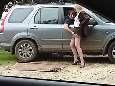Дама расстелила рядом с машиной покрывало и ебалась с мужчинами
