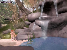 Три милые 3D лесбиянки занимаются сексом на природе у водопада