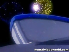 Аниме пара занимается сексом на плывущей лодке под фейерверком